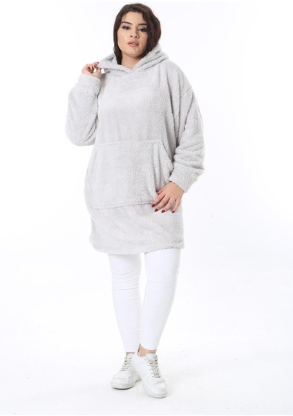 Kadın Büyük Beden Gri Kapşonlu Peluş Sweatshirt 65N38573 fırsatları
