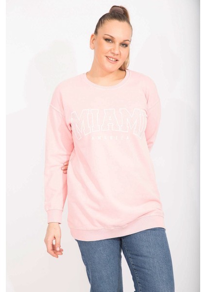 Kadın Pembe Pamuklu Kumaş Taş ve Baskı Detaylı Sweatshirt 65N35482