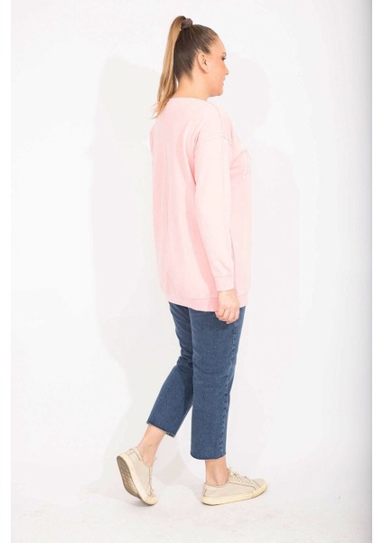 Kadın Pembe Pamuklu Kumaş Taş ve Baskı Detaylı Sweatshirt 65N35482