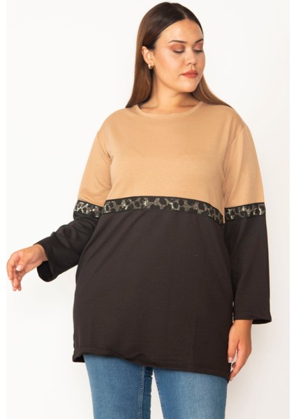 Kadın Camel Baskı ve Cep Detaylı Renk Kombinli Sweatshirt 65N28014