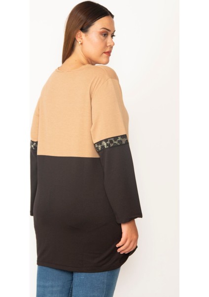 Kadın Camel Baskı ve Cep Detaylı Renk Kombinli Sweatshirt 65N28014