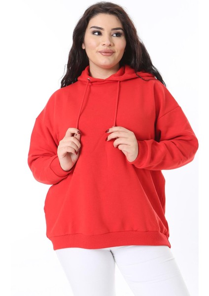 Kadın Büyük Beden Kırmızı Içi Şardonlu Kapşonlu Arka Baskılı Sweatshirt 65N38614 fırsatları