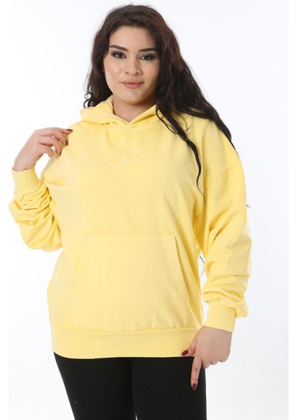 Kadın Büyük Beden Sarı 3 Iplik Içi Şardonlu Kanguru Cepli Kapşonlu Sweatshirt 65N38607 modelleri