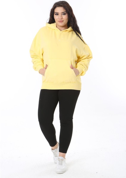 Kadın Büyük Beden Sarı 3 Iplik Içi Şardonlu Kanguru Cepli Kapşonlu Sweatshirt 65N38607 fırsatları