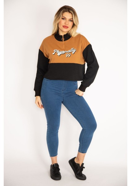 Kadın Taba Içi Şardonlu 3 Iplik Yaka Fermuarlı Iki Renkli Sweatshirt 65N35066