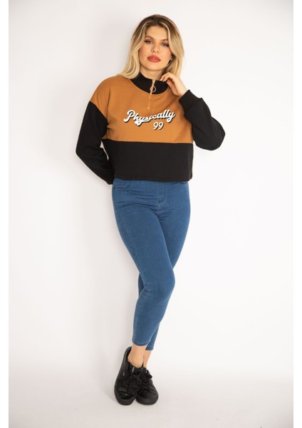 Kadın Taba Içi Şardonlu 3 Iplik Yaka Fermuarlı Iki Renkli Sweatshirt 65N35066 modelleri