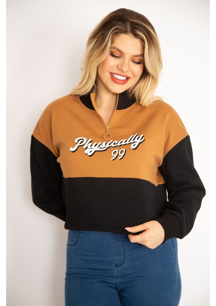 Kadın Taba Içi Şardonlu 3 Iplik Yaka Fermuarlı Iki Renkli Sweatshirt 65N35066 indirimleri