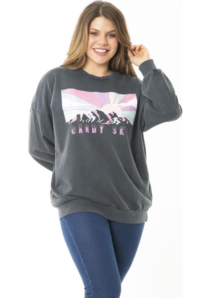 Kadın Büyük Beden Füme Dijital Baskılı Sweatshirt 65N37159