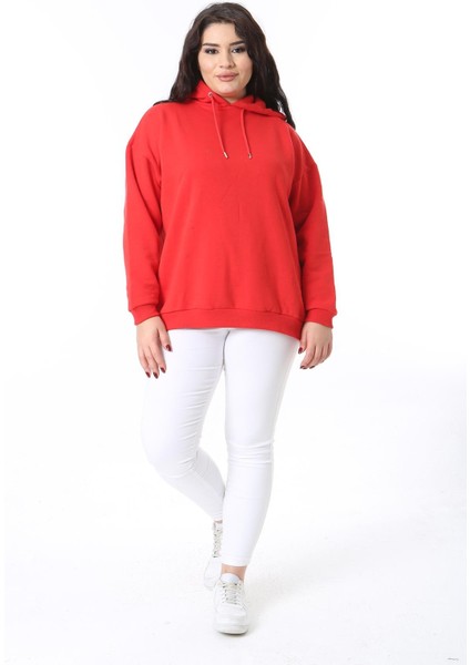 Kadın Büyük Beden Kırmızı Içi Şardonlu Kapşonlu Arka Baskılı Sweatshirt 65N38614
