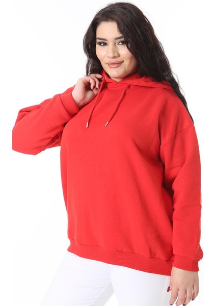 Kadın Büyük Beden Kırmızı Içi Şardonlu Kapşonlu Arka Baskılı Sweatshirt 65N38614 modelleri