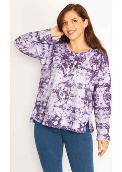 Kadın Mor Batik Baskılı Sweatshirt 65N34770