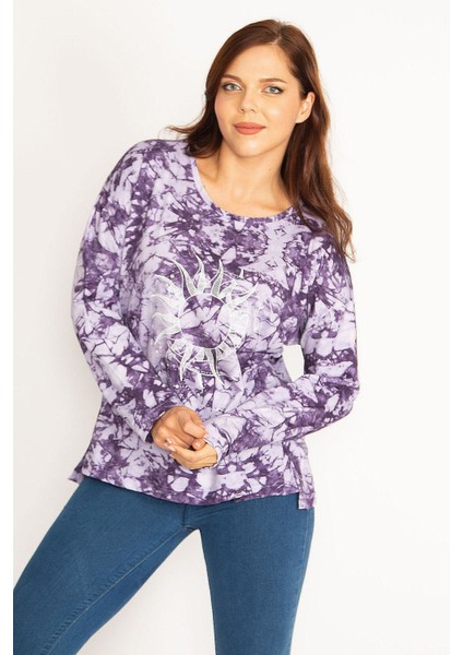 Kadın Mor Batik Baskılı Sweatshirt 65N34770 modelleri