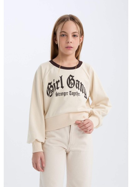 Kız Çocuk Relax Fit Bisiklet Yaka Baskılı İçi Yumuşak Tüylü Sweatshirt D7042A824WN
