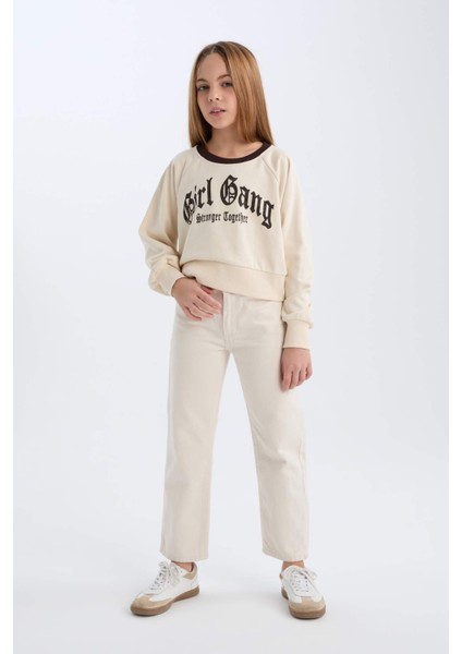 Kız Çocuk Relax Fit Bisiklet Yaka Baskılı İçi Yumuşak Tüylü Sweatshirt D7042A824WN