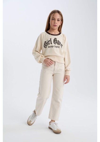 Kız Çocuk Relax Fit Bisiklet Yaka Baskılı İçi Yumuşak Tüylü Sweatshirt D7042A824WN