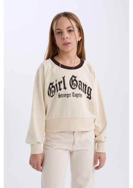 Kız Çocuk Relax Fit Bisiklet Yaka Baskılı İçi Yumuşak Tüylü Sweatshirt D7042A824WN