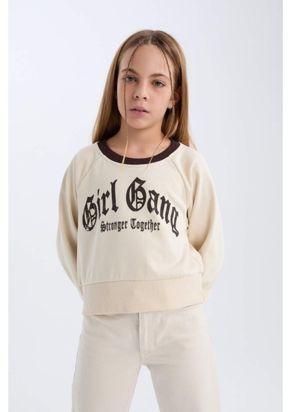 Kız Çocuk Relax Fit Bisiklet Yaka Baskılı İçi Yumuşak Tüylü Sweatshirt D7042A824WN