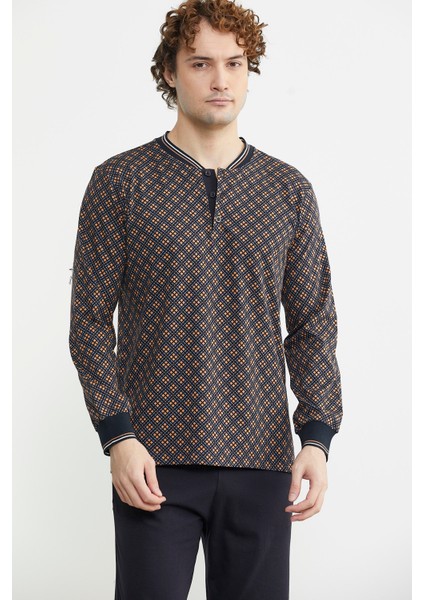 Desenli Pamuk Pijama Takım - Kahve