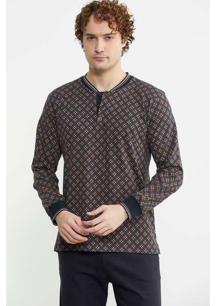 Desenli Pamuk Pijama Takım - Kahve