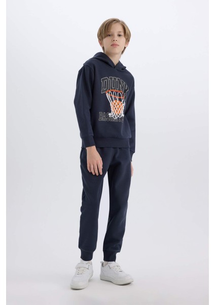 Erkek Çocuk 2'li Takım Kapüşonlu Baskılı Sweatshirt Beli Paçası Lastikli Eşofman Altı B0410A824CW