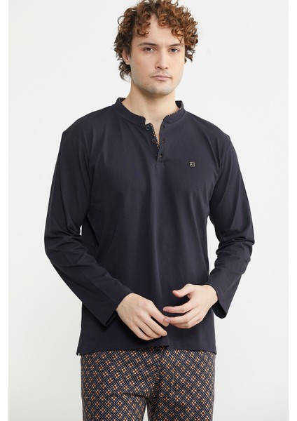 Düğmeli Desen Kombinli Pijama Takım - Kahve