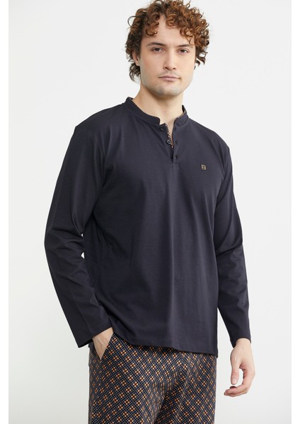 Düğmeli Desen Kombinli Pijama Takım - Kahve