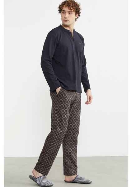 Düğmeli Desen Kombinli Pijama Takım - Kahve