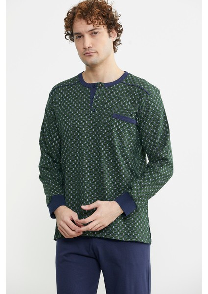Desen Kombinli Cepli Pijama Takım - Yeşil