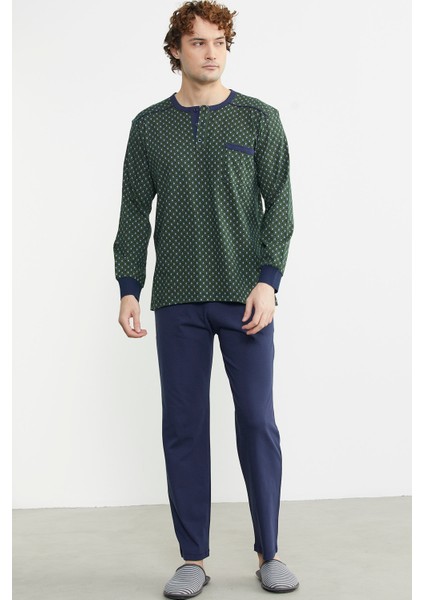 Desen Kombinli Cepli Pijama Takım - Yeşil