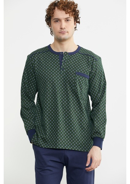 Desen Kombinli Cepli Pijama Takım - Yeşil