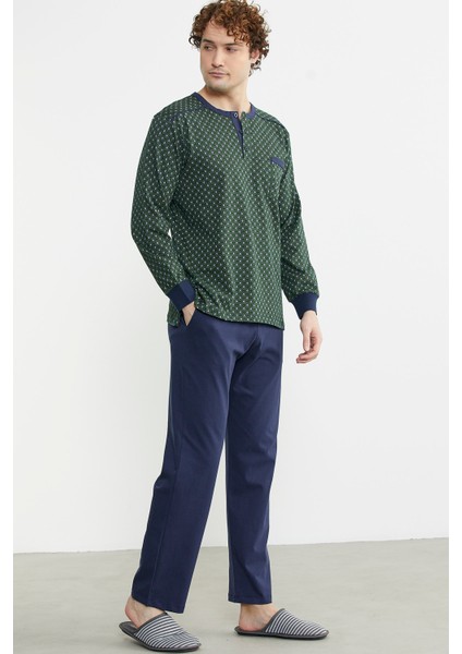 Desen Kombinli Cepli Pijama Takım - Yeşil