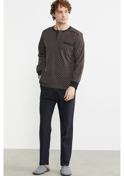 Desen Kombinli Cepli Pijama Takım - Kahve indirimleri