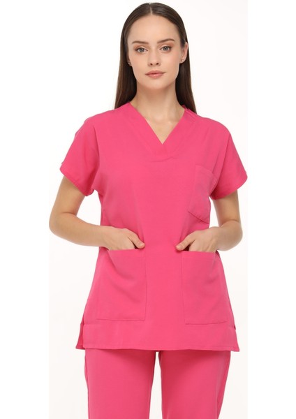 Nova V Yaka Pembe Likrasız Terikoton Tek Üst - Kadın Hemşire Forması