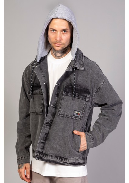 Erkek Kar Yıkama Kapüşonlu Çıkarılabilir Kapüşonlu Oversize Kot Ceket