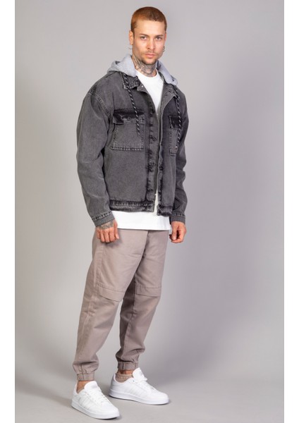 Erkek Kar Yıkama Kapüşonlu Çıkarılabilir Kapüşonlu Oversize Kot Ceket