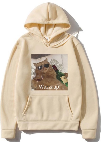 Sarhoş Kedi Whazzaap Ironik Komik Meme Hoodie Moda Rahat Polar Pamuklu Kazak LE588