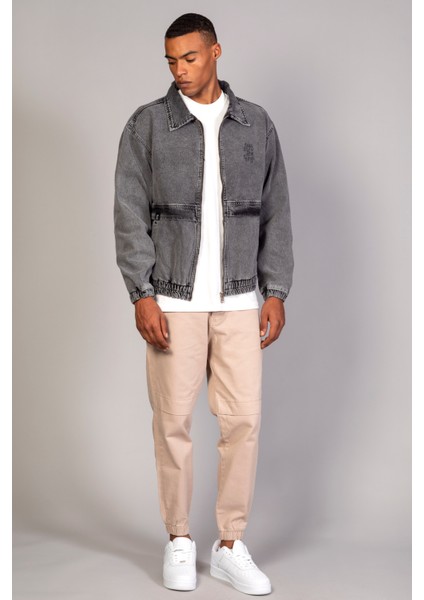 Oversize Kar Yıkama Baskılı Erkek Fermuarlı Bomber Kot Ceket indirimleri