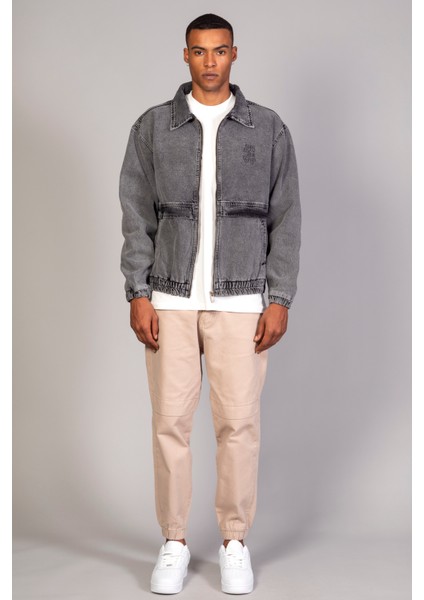 Oversize Kar Yıkama Baskılı Erkek Fermuarlı Bomber Kot Ceket