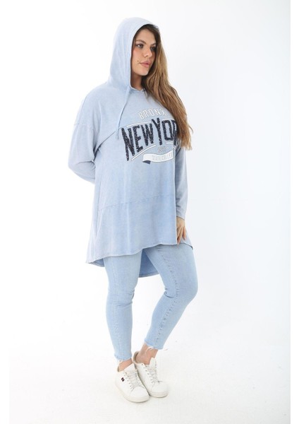 Kadın Büyük Beden Mavi Payet Detaylı Arkası Uzun Kapşonlu Sweatshirt 65N37463