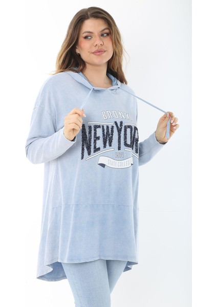Kadın Büyük Beden Mavi Payet Detaylı Arkası Uzun Kapşonlu Sweatshirt 65N37463 fırsatları
