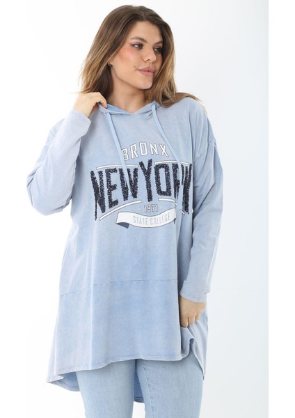 Kadın Büyük Beden Mavi Payet Detaylı Arkası Uzun Kapşonlu Sweatshirt 65N37463 indirimleri