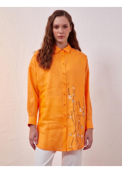 Keten Nakışlı Düşük Omuz Tunik-Şeftali