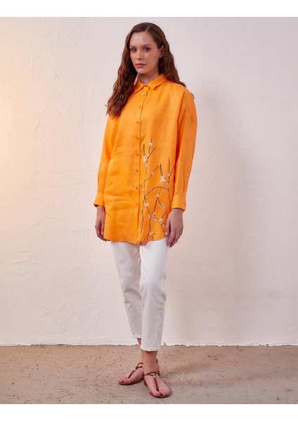 Keten Nakışlı Düşük Omuz Tunik-Şeftali fiyatları