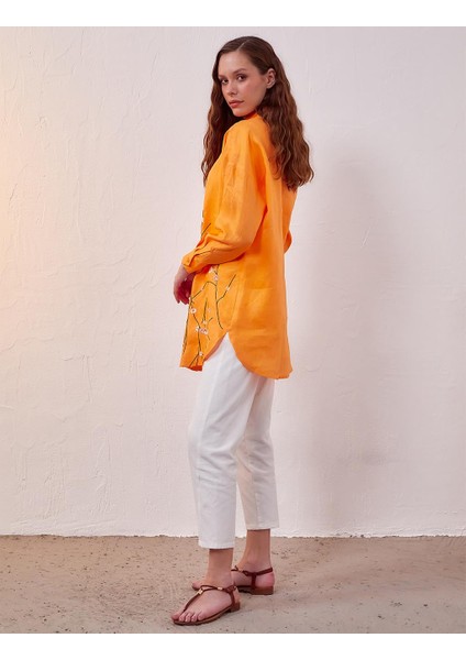 Keten Nakışlı Düşük Omuz Tunik-Şeftali fırsatları