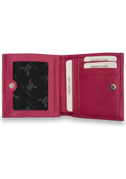 Fuşya Bozuk Para Gözlü Deri Mini Unisex Cüzdan Kartlık Hediyeli