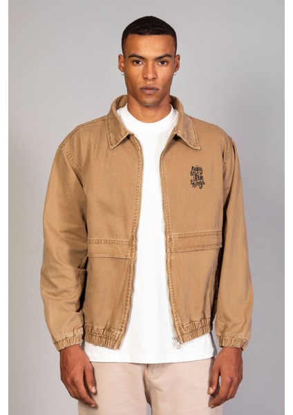 Oversize Taba Baskılı Erkek Fermuarlı Bomber Kot Ceket