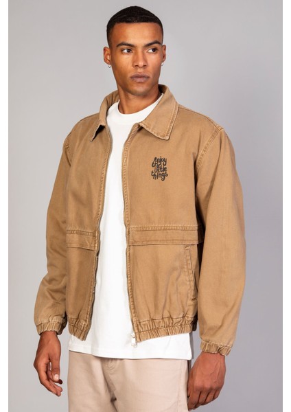 Oversize Taba Baskılı Erkek Fermuarlı Bomber Kot Ceket modelleri