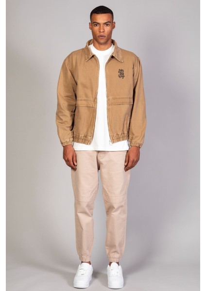 Oversize Taba Baskılı Erkek Fermuarlı Bomber Kot Ceket indirimleri