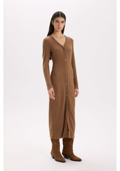 Bodycon Vücudu Saran Basic Düz V Yaka Düğmeli Fitilli Kaşkorse Midi Uzun Kollu Elbise B3261AX24WN