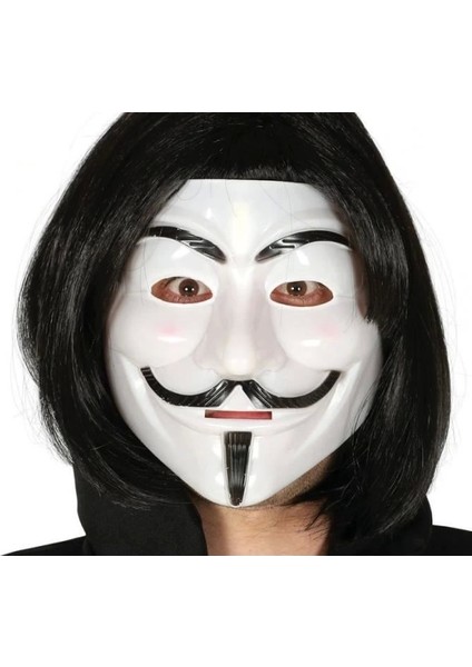 Siyah Renk Takma Kısa Saç ve V For Vendetta Maskesi Anonymous Maskesi